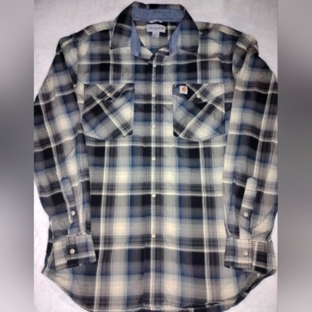 Carhartt Bozeman Pearl Snap Western Shirt Rugged Flex Men M Beige Plaid Cowboy